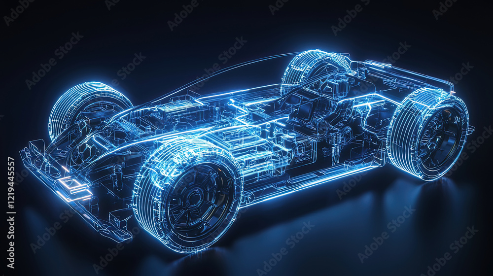 Naklejka premium Hyper-detailed holographic display of a futuristic vehicle blueprint, floating mid-air, glowing neon beams illuminating mechanical parts