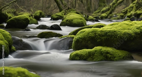 Close-Up of Lush Moss in Gentle River Flow