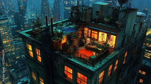 Urban Rooftop Apartment Night Cityscape View photo