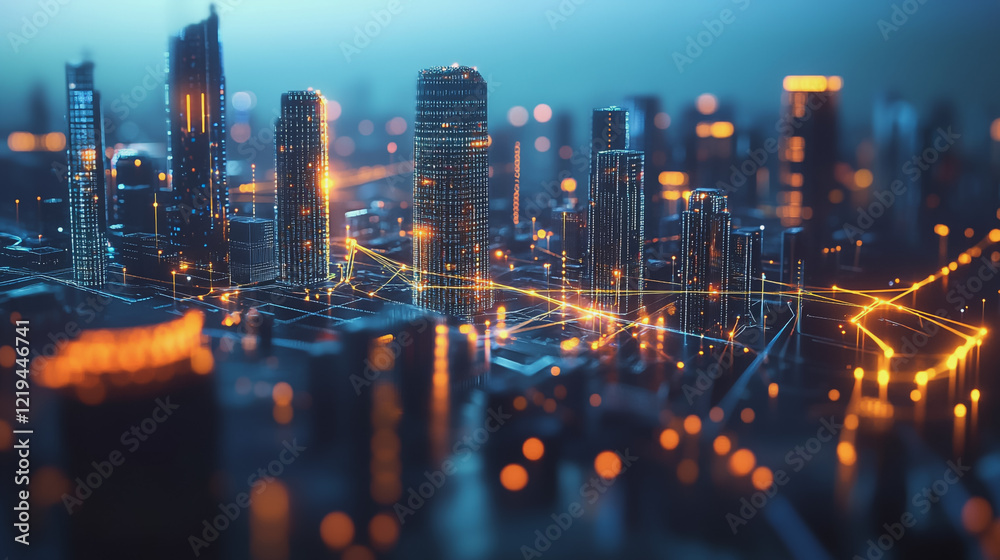 Fototapeta premium Smart digital Innovation city with connection network reciprocity over the twilight cityscape. of future smart wireless digital city and social media networking systems that connects people with city 