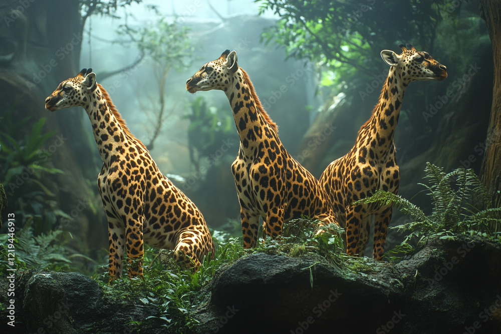 Obraz premium Three Reticulated Giraffes Resting in Lush Green Foliage