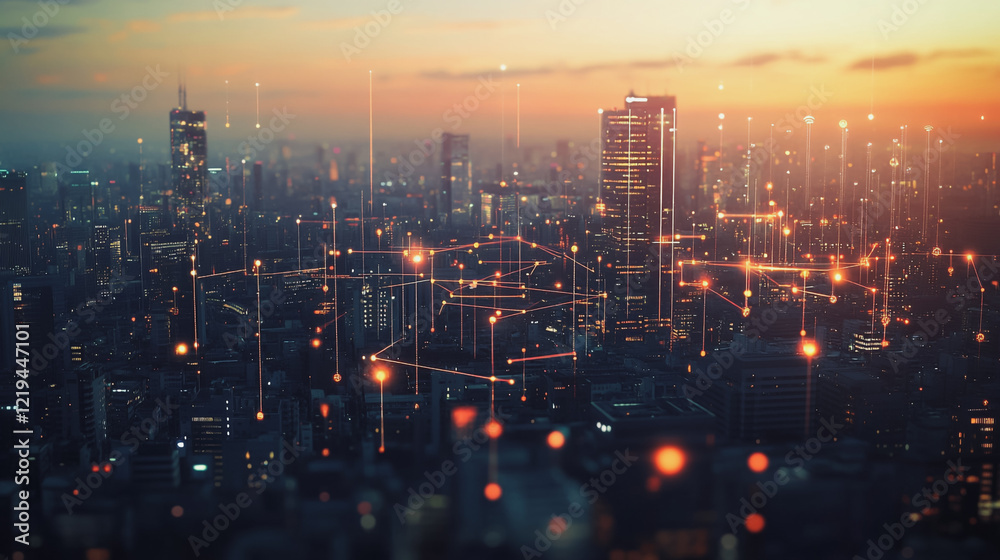 Fototapeta premium Smart digital Innovation city with connection network reciprocity over the twilight cityscape. of future smart wireless digital city and social media networking systems that connects people with city 