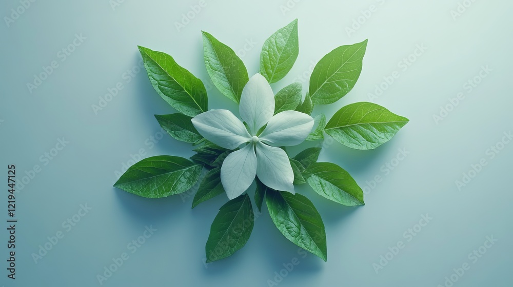 Delicate White Flower Blooming with Vibrant Green Leaves Against a Soft Blue Background Creating a Peaceful and Serene Natural Composition that Evokes Freshness and Tranquility in Nature Delicate White Flower Blooming with Vibrant Green Leaves Against a Soft Blue Background Creating a Peaceful and Serene Natural Composition that Evokes Freshness and Tranquility in Nature
