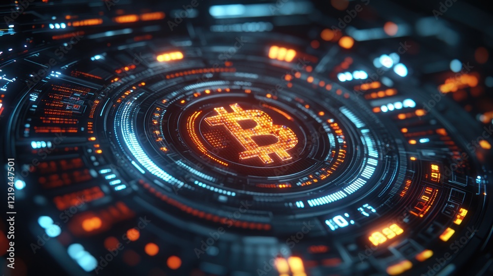 Glowing Bitcoin symbol in a futuristic digital interface. Glowing Bitcoin symbol in a futuristic digital interface.