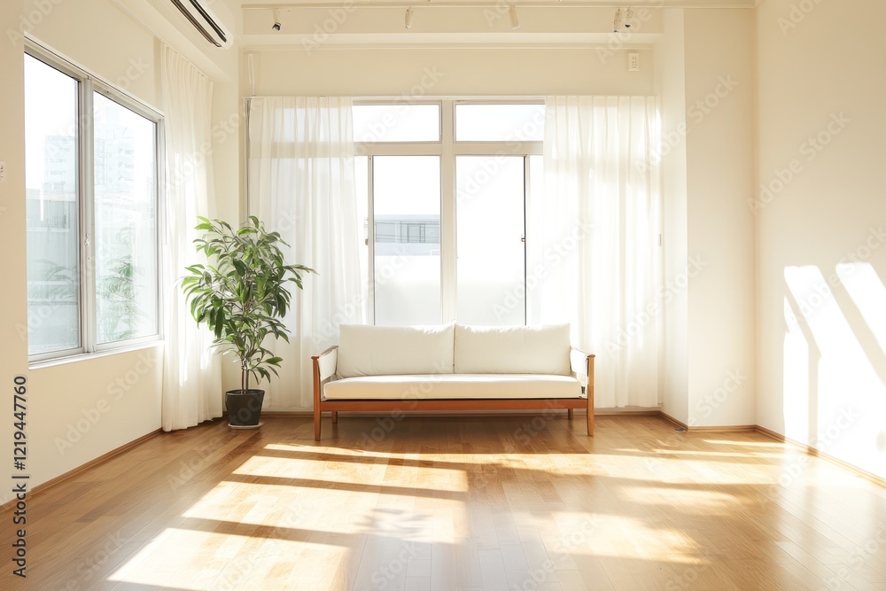 Fototapeta premium Sunny room, hardwood floor, sofa, plant, city view, minimal design, bright interior, rental space