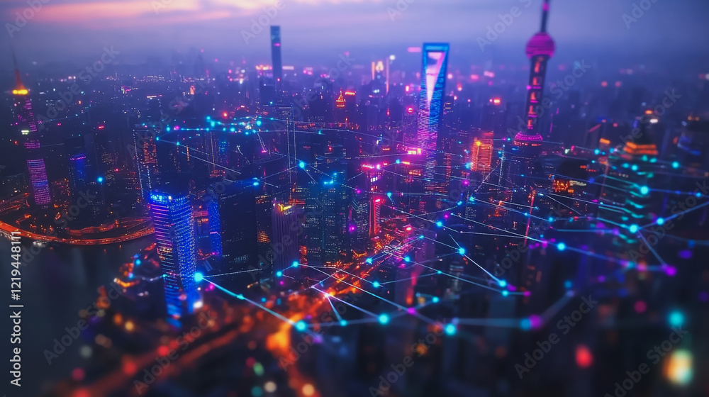 Obraz premium Smart digital Innovation city with connection network reciprocity over the twilight cityscape. of future smart wireless digital city and social media networking systems that connects people with city 