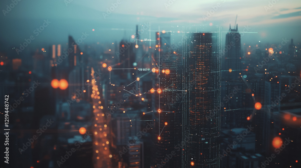 Smart digital Innovation city with connection network reciprocity over the twilight cityscape. of future smart wireless digital city and social media networking systems that connects people with city
Smart digital Innovation city with connection network reciprocity over the twilight cityscape. of future smart wireless digital city and social media networking systems that connects people with city