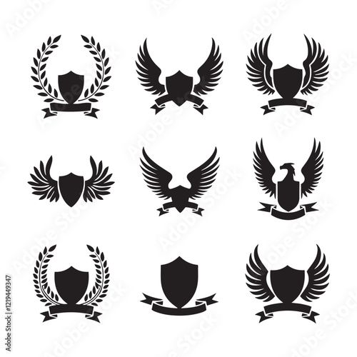 heraldic symbols, shields, laurel wreaths, eagles, wings, silhouettes