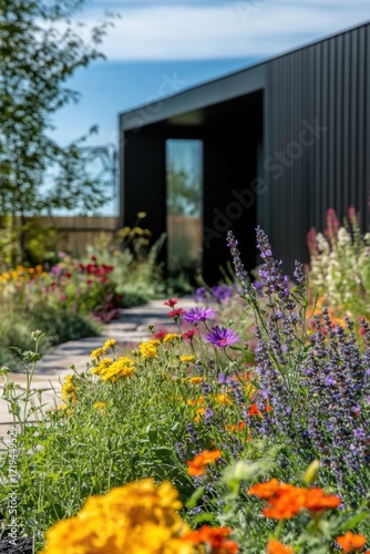 Wallpaper Mural A lively garden full of vibrant, colorful flowers beautifully guides the way to a sleek, modern building under the bright daylight Torontodigital.ca