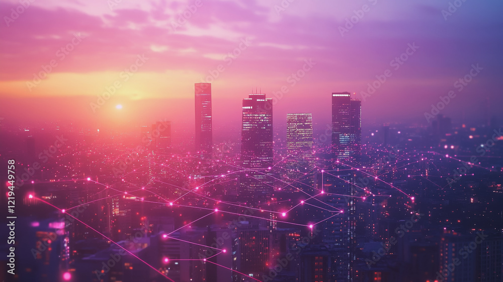 Fototapeta premium Smart digital Innovation city with connection network reciprocity over the twilight cityscape. of future smart wireless digital city and social media networking systems that connects people with city 