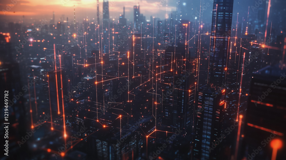 Fototapeta premium Smart digital Innovation city with connection network reciprocity over the twilight cityscape. of future smart wireless digital city and social media networking systems that connects people with city 