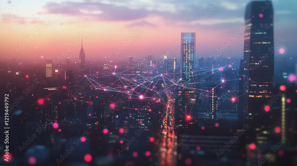 Fototapeta premium Smart digital Innovation city with connection network reciprocity over the twilight cityscape. of future smart wireless digital city and social media networking systems that connects people with city 