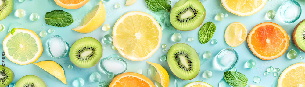 Vivid Fruit Flat Lay Dessert Theme with Kiwi Ice Refreshment Vivid Fruit Flat Lay Dessert Theme with Kiwi Ice Refreshment