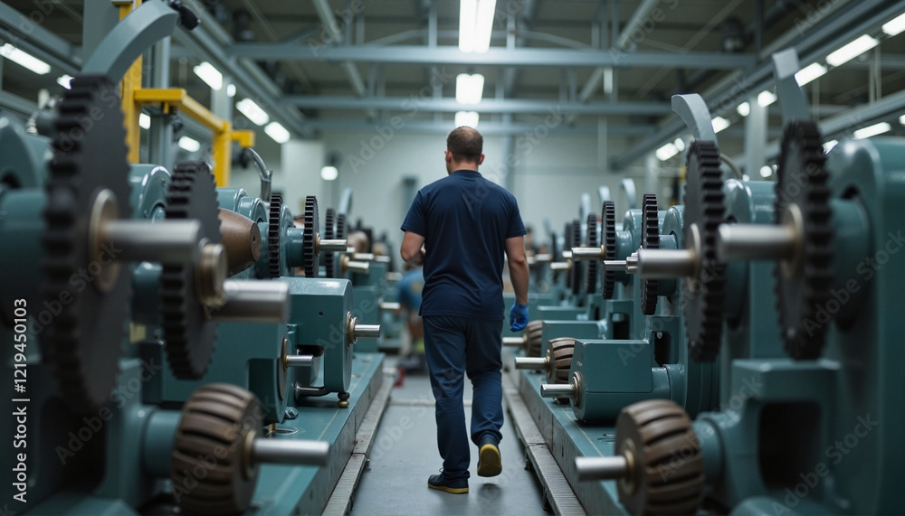 Fototapeta premium Focused factory worker operating machinery in industrial setting, productivity