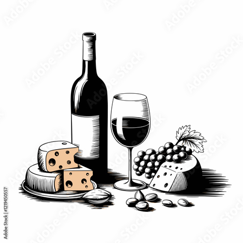 Wine and Cheese Illustration with Grapes and Nuts