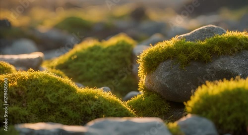 Natural Beauty of Moss and Stones in Evening Glow