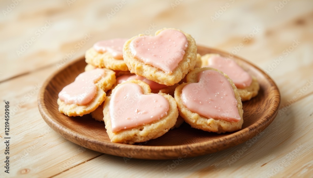Heart-shaped cookies with pink icing on wooden plate Heart-shaped cookies with pink icing on wooden plate