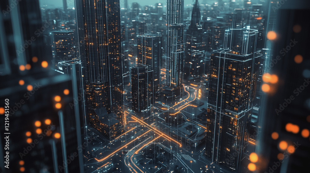 Obraz premium Smart digital Innovation city with connection network reciprocity over the twilight cityscape. of future smart wireless digital city and social media networking systems that connects people with city 