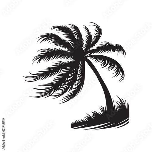 Palm tree swaying in the breeze silhouette vector clipart  illustration black color design