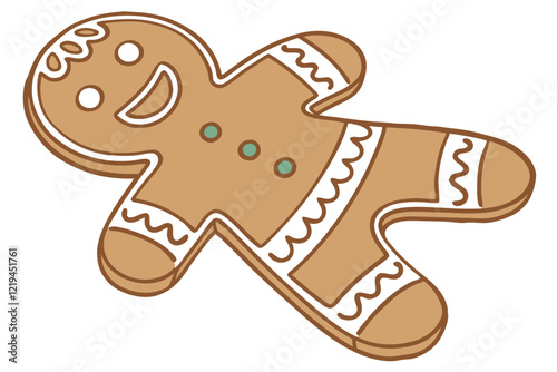 Gingerbread man cookie, smiling face, white icing details, festive holiday treat, cheerful cartoon character, simple design, warm brown color, iconic Christmas food, flat illustration style, classic h