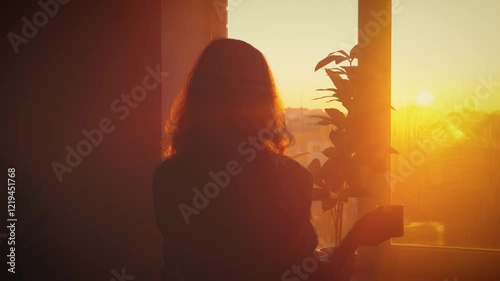 dark silhouette person walks through room looks out view window sunset sky, woman holds cup of tea hot drink in hands. magic sun light rays dawn sunrise morning scane. Girl drinks coffee enjoys taste