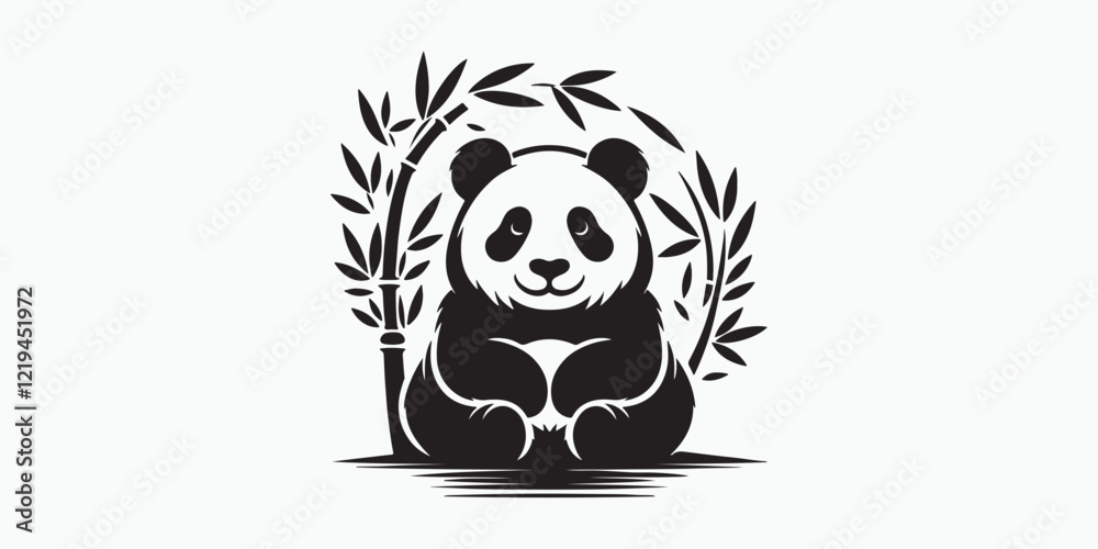 Obraz premium Sitting Panda with Bamboo Wreath – Zen Giant Panda Mascot Holding Paws, Nature Conservation Logo Sticker Emblem and T Shirt Graphic, Clean Black and White Vector Illustration