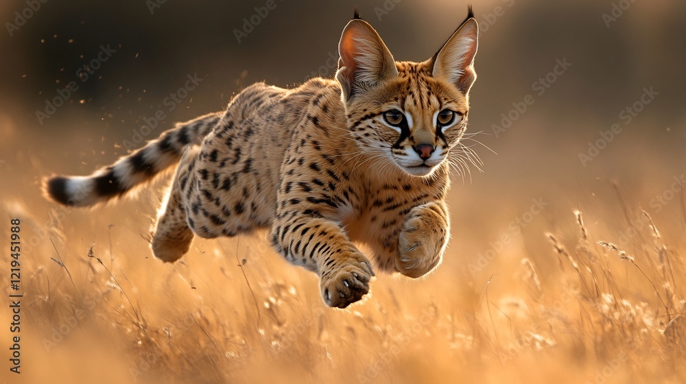 Fototapeta premium A serval leaping to catch a bird mid air in the tall grass