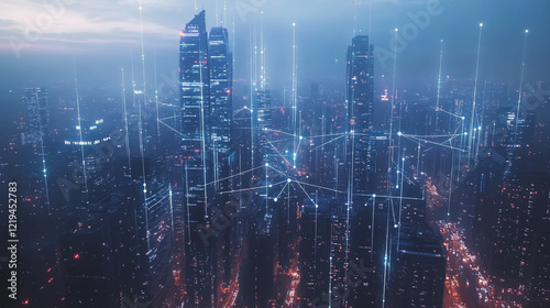 Wallpaper Mural Smart digital Innovation city with connection network reciprocity over the twilight cityscape. of future smart wireless digital city and social media networking systems that connects people with city
 Torontodigital.ca