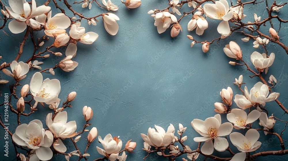 Obraz premium Elegant Wreath of Delicate White Flowers on a Vibrant Blue Background Creating a Refreshing and Cheerful Atmosphere Perfect for Celebrations or Home Decor Enhancements for Various Occasions