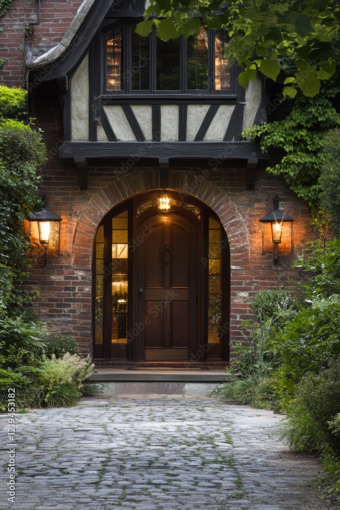 Fototapeta premium Charming brick entrance with lanterns and lush greenery leading to a rustic home at dusk, showcasing the beauty of classic architecture in a serene setting