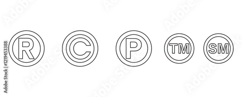Copyright, registered trademark, patent, trademark, service mark outline style icons vector set isolated on white background.
