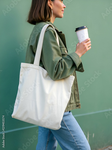 Obraz na płótnie Young Woman Walking Down the Street Carrying a Tote Bag and Coffee Cup w salonie
