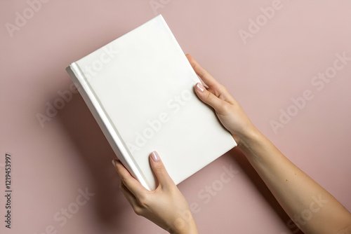 Elegant White Wedding Photo Album Mockup with Delicate Texture on Soft Pink Background