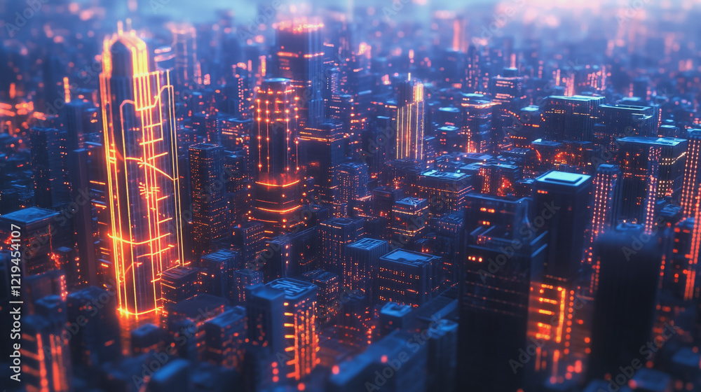Fototapeta premium Smart digital Innovation city with connection network reciprocity over the twilight cityscape. of future smart wireless digital city and social media networking systems that connects people with city 