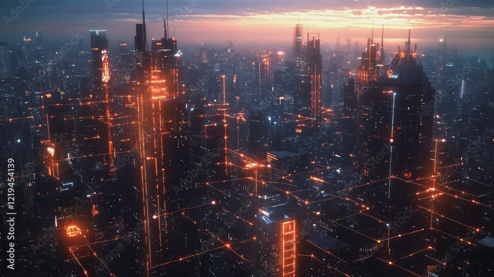 custom made wallpaper toronto digitalSmart digital Innovation city with connection network reciprocity over the twilight cityscape. of future smart wireless digital city and social media networking systems that connects people with city
