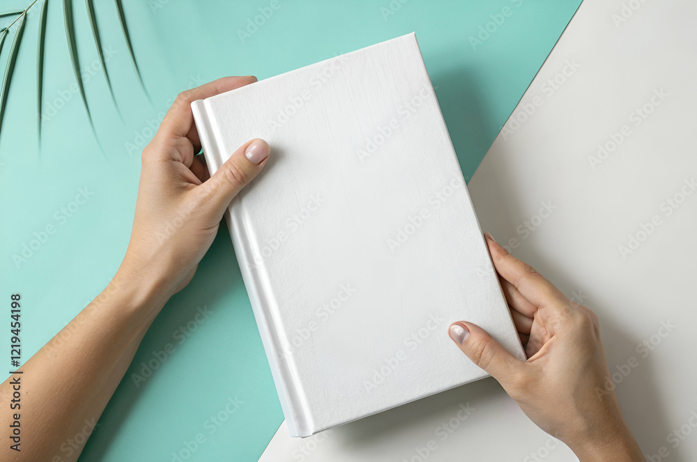 Obraz premium White Book Cover Mockup: Hands Holding a Textured Book Against a Pastel Background