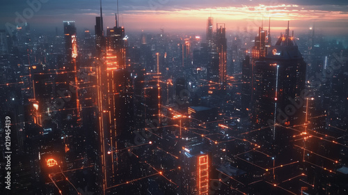 Wallpaper Mural Smart digital Innovation city with connection network reciprocity over the twilight cityscape. of future smart wireless digital city and social media networking systems that connects people with city
 Torontodigital.ca