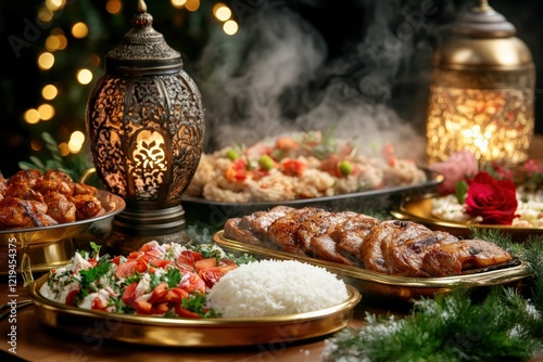 A beautifully arranged table features brass trays laden with grilled meats, aromatic rice, and floral accents photo