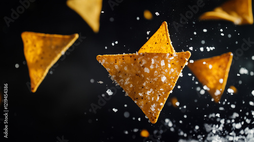 Spicy tortilla chips with salt flying in the air above a table isolated on a dark background. Crispy potato-based fast food concept photo