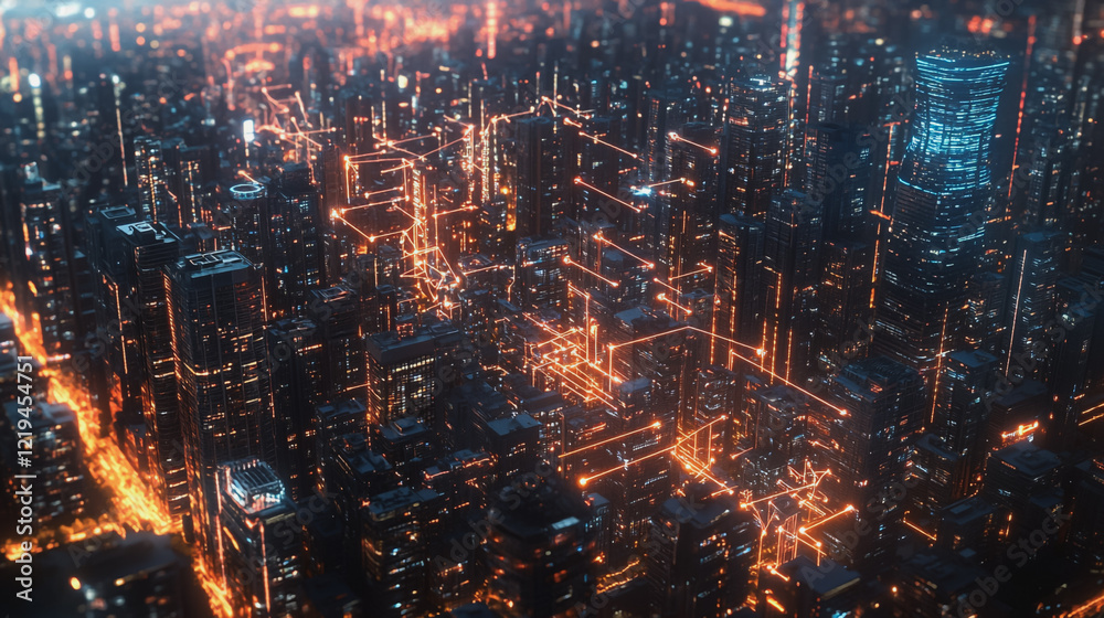 Obraz premium Smart digital Innovation city with connection network reciprocity over the twilight cityscape. of future smart wireless digital city and social media networking systems that connects people with city 