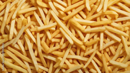 Processed texture of a big pile of fresh yellow french fries. Background for banner, background or texture for 3D mapping