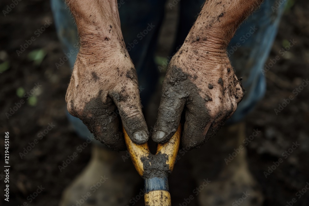 Fototapeta premium Hands gripping a shovel with dirt, showcasing the hard work of gardening in a sunny outdoor setting