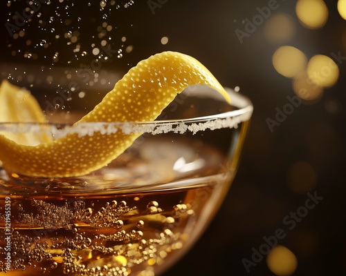 Macro shot of a lemon twist expressing oil over a Sazerac cocktail in a dramatic light. photo