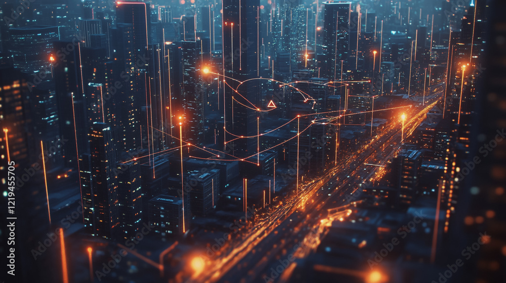 Naklejka premium Smart digital Innovation city with connection network reciprocity over the twilight cityscape. of future smart wireless digital city and social media networking systems that connects people with city