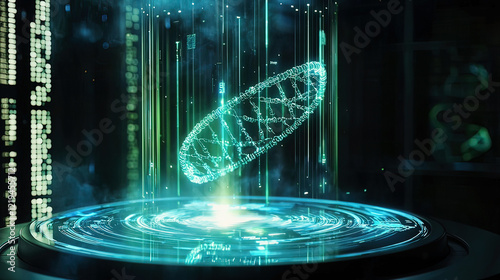 Hyper-realistic holographic display of a rotating DNA strand, glowing blue and green beams illuminating the sequence