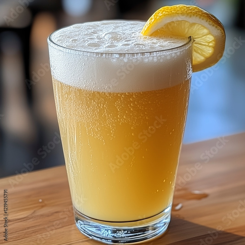 Highly detailed macro shot of a shandy glass with frothy head, golden liquid, and lemon garnish.