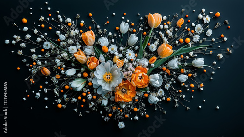 Vibrant floral arrangement display studio setting photography artistic presentation overhead view beauty and nature fusion photo