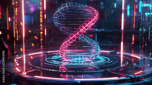 Hyper-realistic holographic display of a rotating DNA strand, glowing neon beams illuminating the sequence, futuristic lab