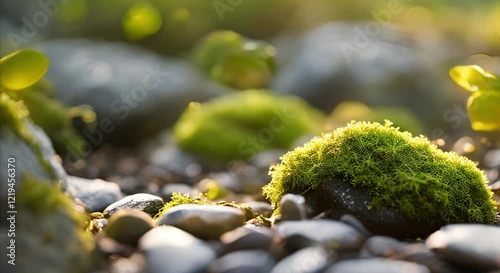 Sunset Highlights on Moss-Covered Rocks