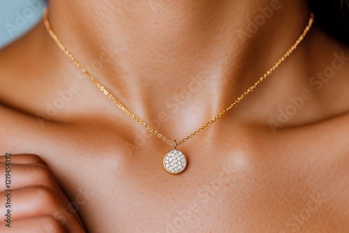 Gold Chain Necklace with Round Gemstone Pendant on Tan Skin